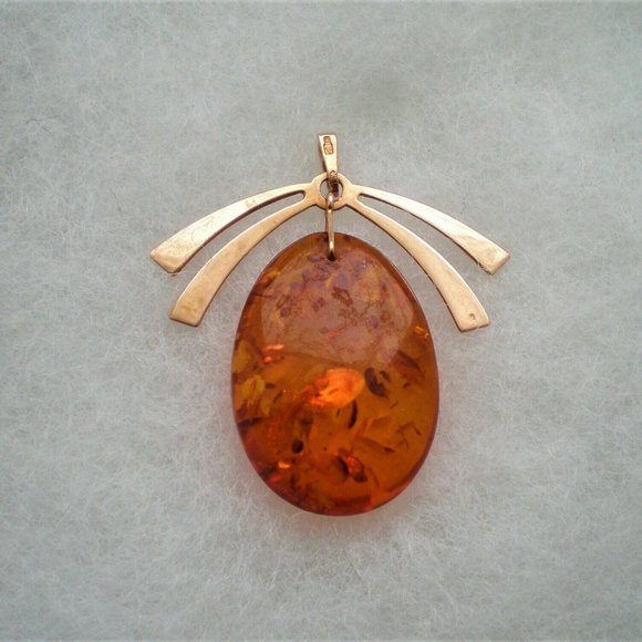 Vintage Russian Soviet USSR 14K 583 Rose Pink Gold Baltic Honey AMBER PENDANT - Picture 3 of 5